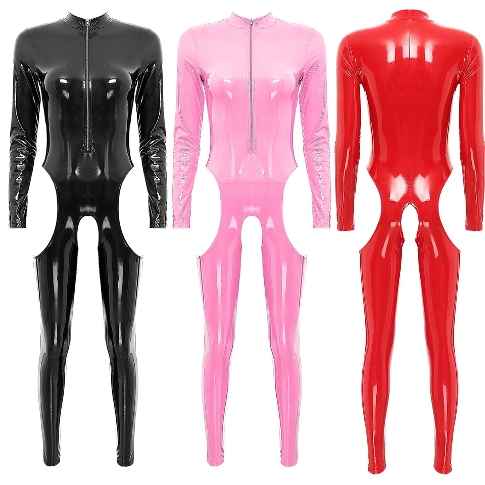 Damen Wetlook Bodysuit Catsuit Lack Leder Overall Langarm Jumpsuit mit Zipper - Bild 3 von 4
