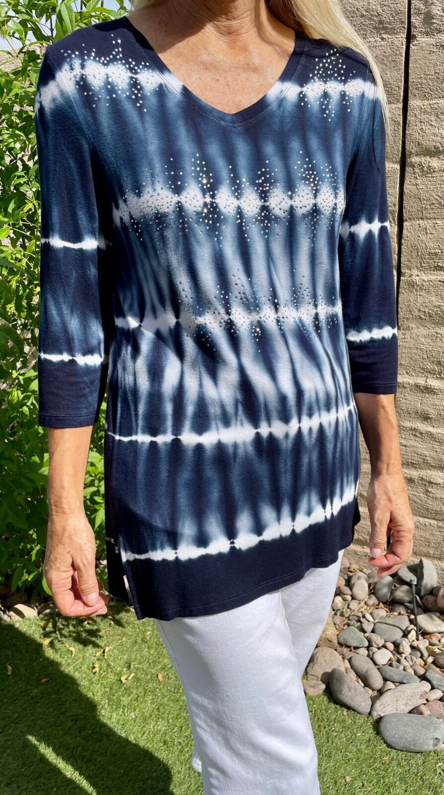 Thomas & Olivia Navy Blue White Tie Dye Rhinestone Tunic Top