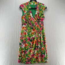Vince Camuto Dress 8 Faux Wrap Sheath Knee Length Floral Print Cap Sleeve Green
