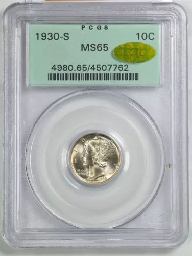 1930-S 10C Mercury Winged Liberty Dime MS65 PCGS CAC Gold Sticker 4507762 OGH