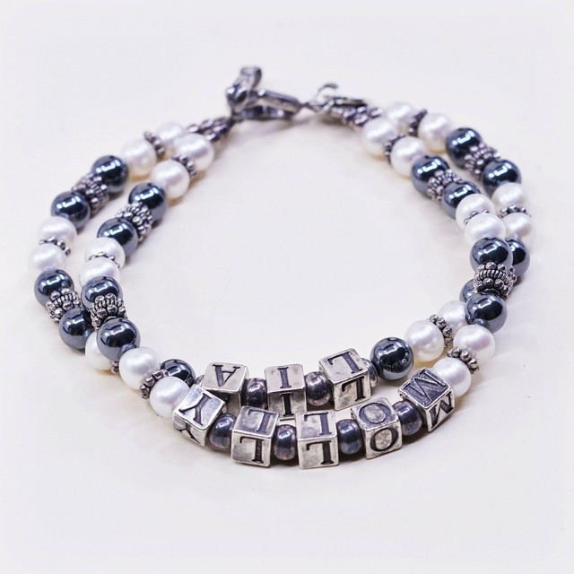 7.5”, MB sterling 926 silver bracelet, monogram hematite pearl chain