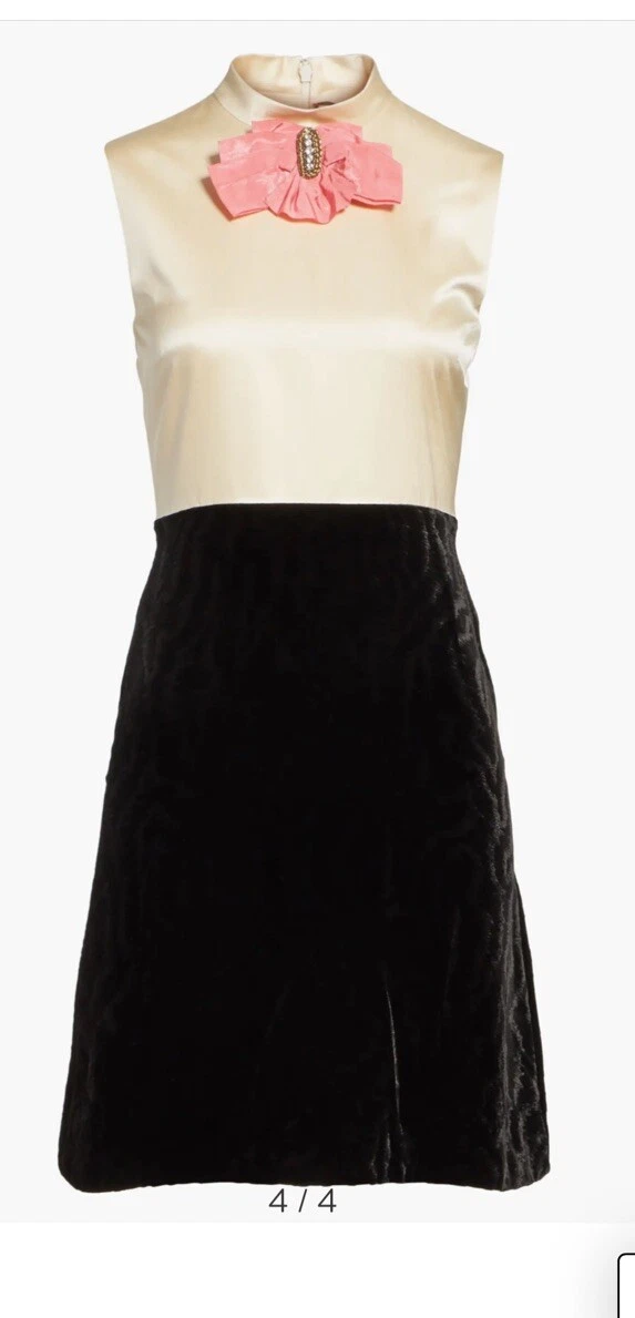 NWT GUCCI Bow Embellished Satin And Velvet A Line Dress Size 40