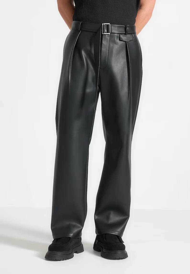 Men's Black Genuine Lambskin Leather Trouser Relaxed Fit Formal Leather Pant