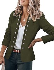 Womens Open Front Long Sleeve Buttons Military Style Blazer Work Business Casual