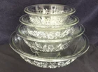 Vintage Pyrex COLONIAL MIST CLEAR Daisy Mixing Bowl Set 4 pc (322 323 325 326)