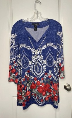 Ali Miles Tassel Tie Floral Tunic Top Career Women's L Stretch Bohemian Artsy
