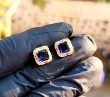 2Ct Cushion Cut Lab Created Sapphire Halo Stud Earrings 14K Yellow Gold Plated