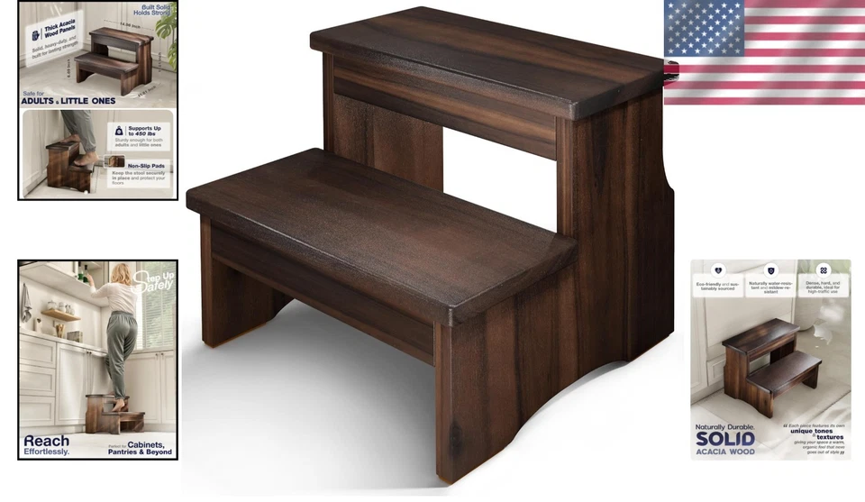 Deluxe Wooden Step Stool - 2 Steps, 450lbs Support - Image 2 of 4