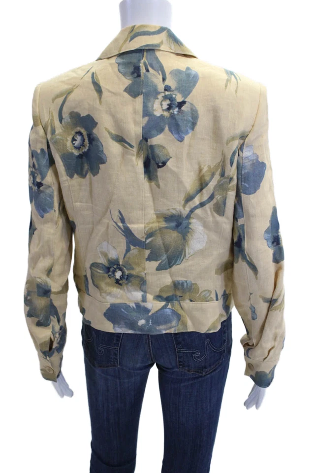 Peter Nygard Womens Linen Floral Print Collared Open Front Blazer Yellow Size 10 - Image 4 of 4