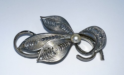 WEST GERMANY METAL PEARL BROOCH PIN ANTIQUE VTG ORNATE WHIMSICAL ART NOUVEAU - Picture 2 of 14