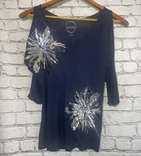 INC International Concepts Sequined Small Top Navy T-Shirt Fireworks Fourth July
