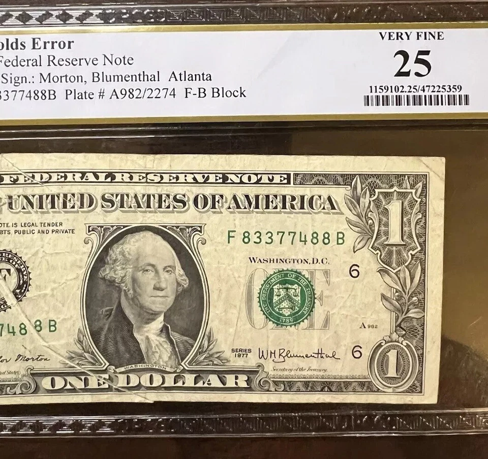 1977 $1 Gutter Fold Error Note PCGS VF25 FR 1909-F Morton-Blumenthal - Image 4 of 4