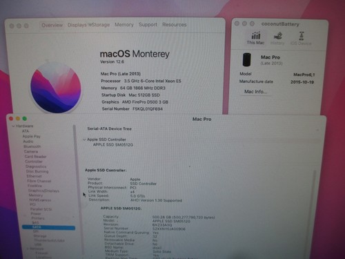  Apple Mac Pro 6.1 A1481 2013 3.5GHz Xeon 6-Core D500 3GB - 64GB RAM 512GB SSD - Afbeelding 5 van 16