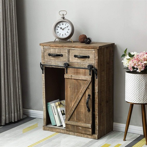 32" Rustic Wood Storage Cabinet with Sliding Barn Doors and 2 Drawers Farmhouse - Picture 2 of 12