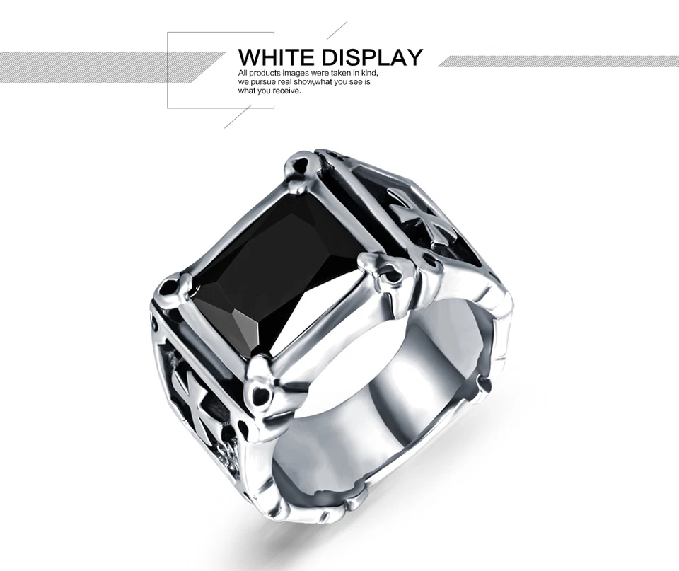 黑色玛瑙骑手不锈钢复古十字戒指男式高品质珠宝 — 第 3/3 张图片