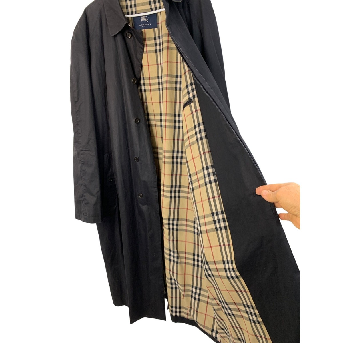 48R Mens Burberry London Cotton Black Trench Coat Plaid Rain 48R Mens Burberry London Cotton Black Trench Coat Plaid Rain