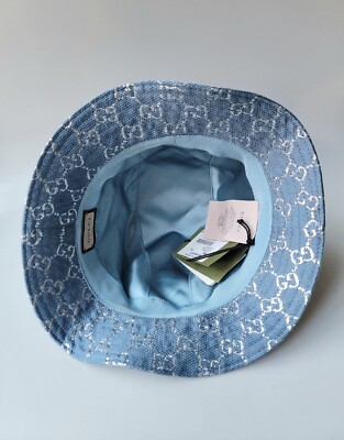 Gucci Blue Silver Lame Bucket Hat Size M 57cm GG Logo Woven Wool