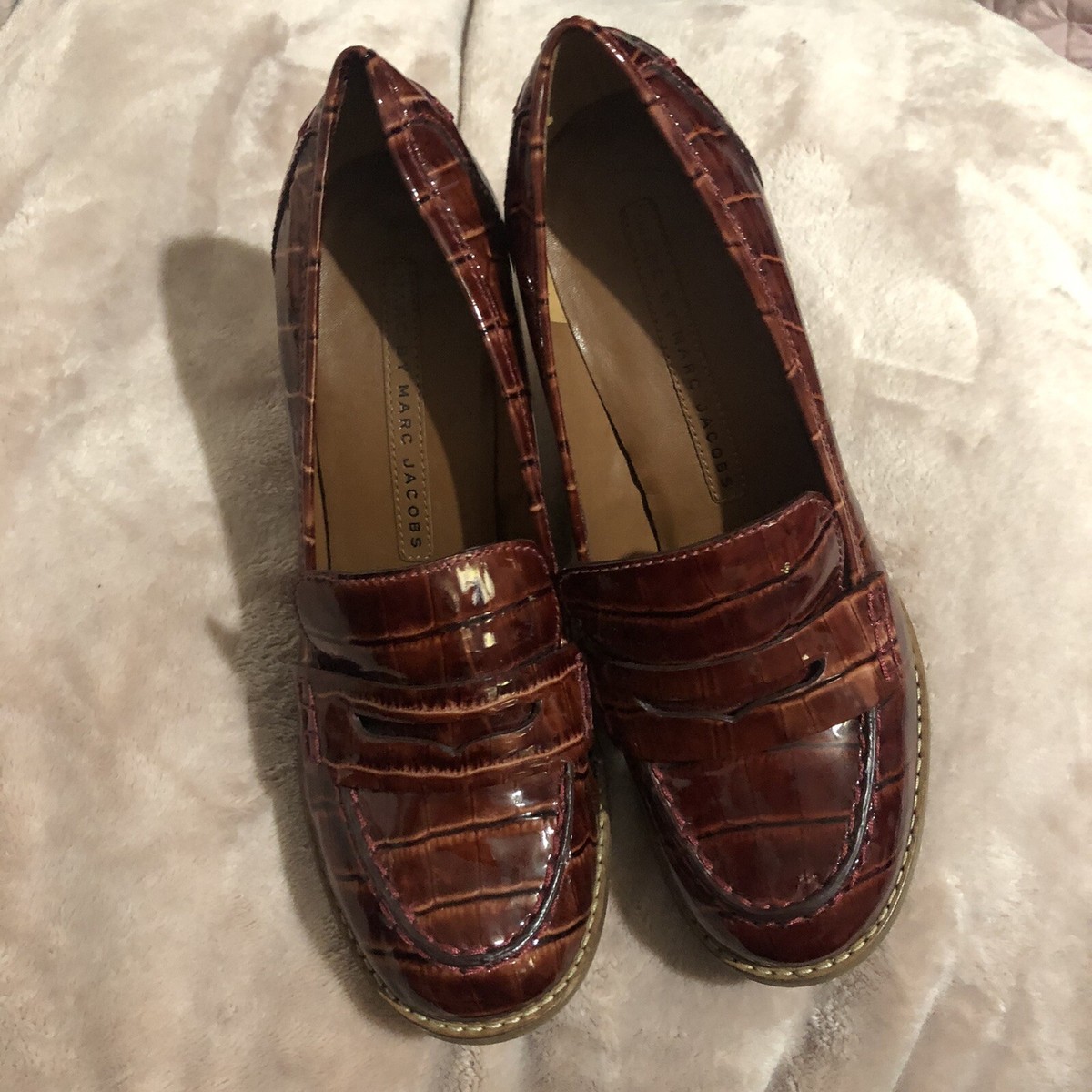Marc Jacobs Red Brown Patent Croc Alligator Loafer Heels Size 36 1 