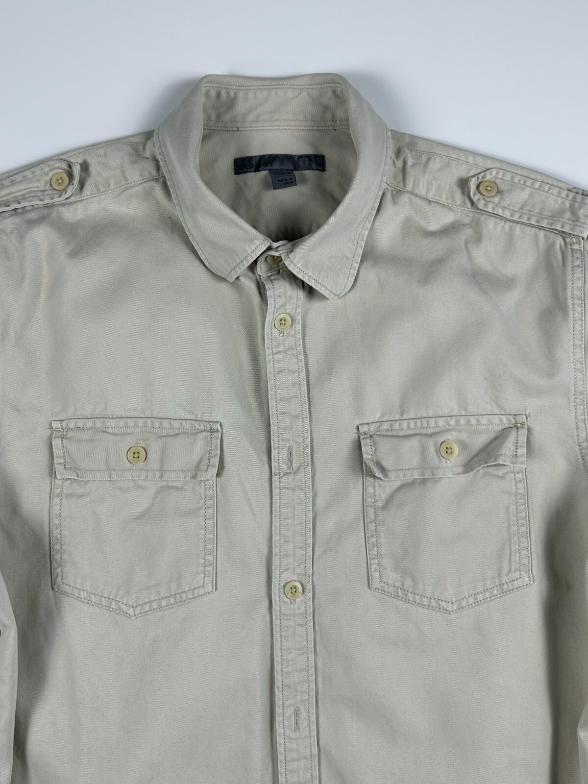 Old Navy Mens Large Beige Button Up Shirt Long Sleeve Military Style eBay