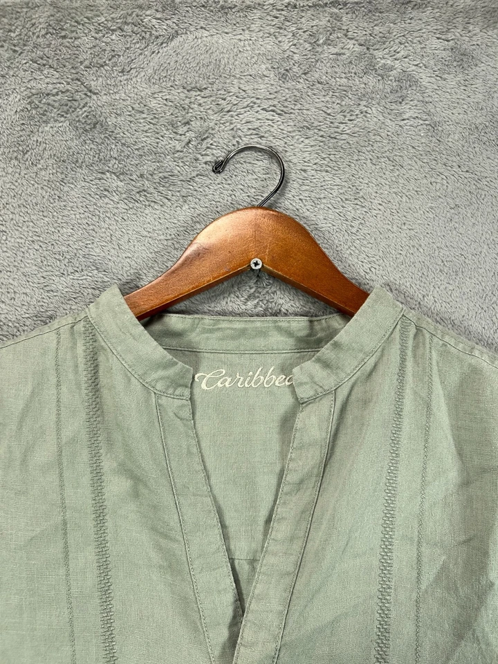 加勒比男式 XLT Sage 绿色亚麻带状普通话领长袖衬衫 — 第 2/4 张图片