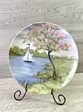 Vtg Unmarked 7.5” Mid Century Hand Painted Landscape Water Sailboat Art Plate