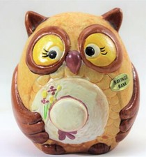 Vintage Ceramic Enesco Owl With Hat Piggy Bank Savings Bank Never Used Foil Tags