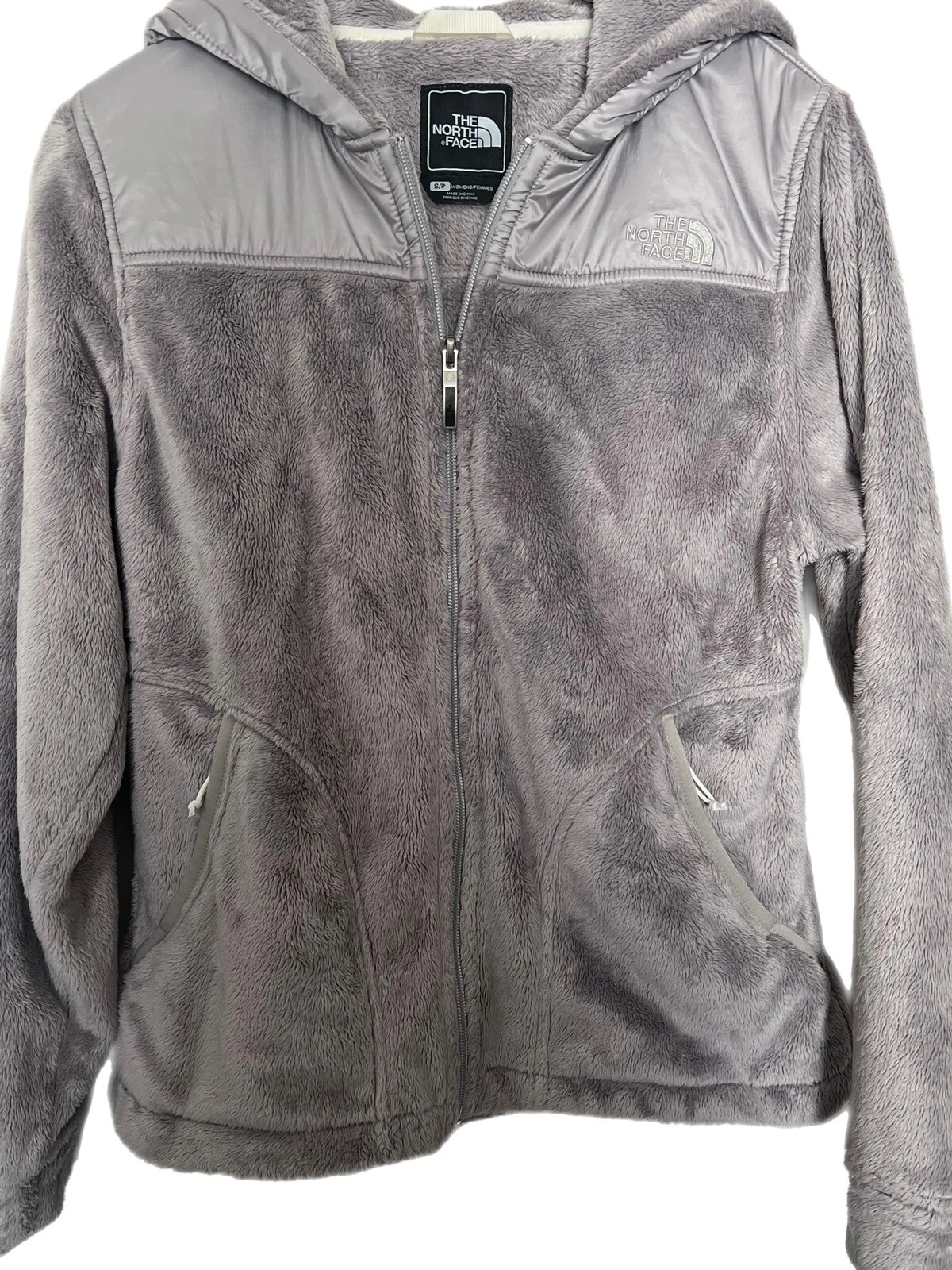 The North Face Womens SP Jacket Long Sleeve Full Zip Fur Hood Logo Pockets Gray