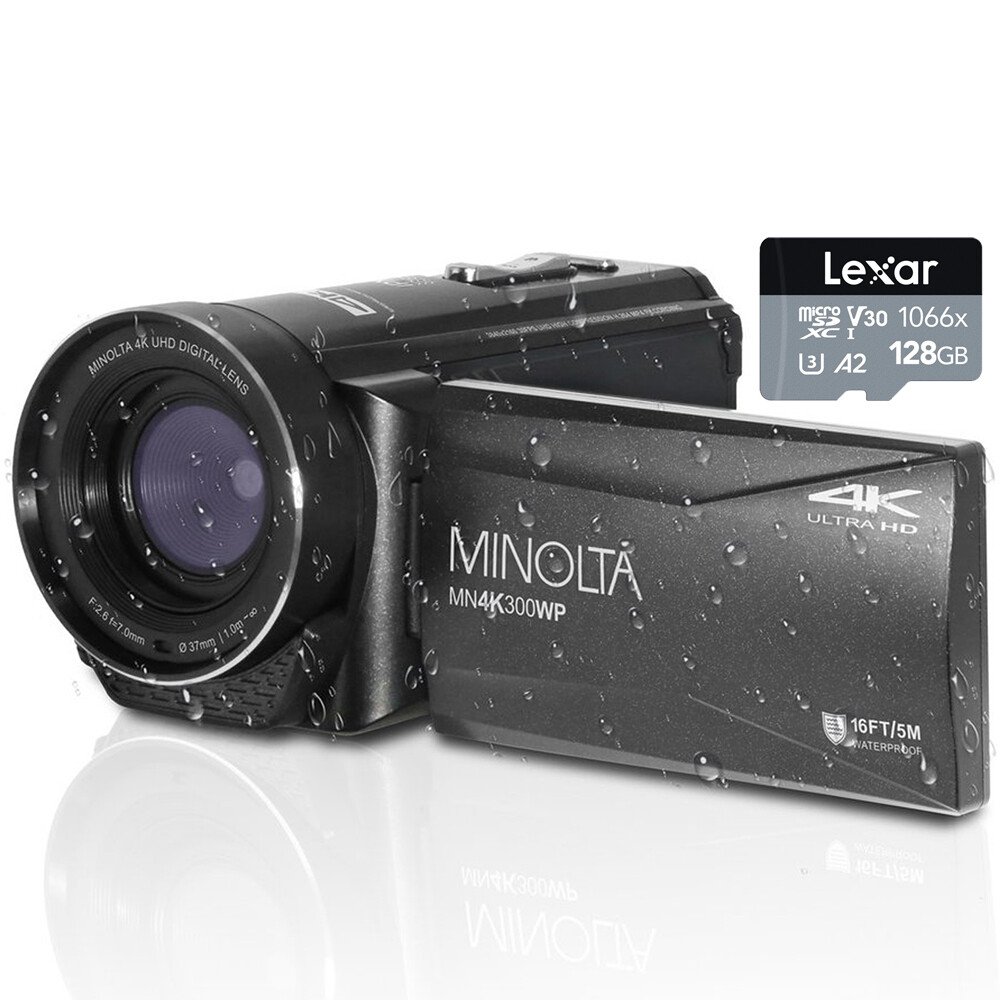 Minolta 4K Ultra HD / 56 MP Waterproof Camcorder Black with Lexar 128GB