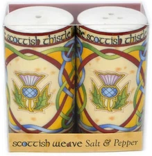 Ceramic Irish Salt and Pepper Shakers Scottish Thistle Celtic Weave 8 cm Height