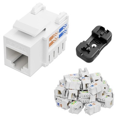25 PCS 10Gbps Cat6 Keystone Jack RJ45 Punch-Down Stand UTP 90 Degree White