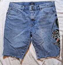 Ed Hardy Denim Shorts Mens 38 Snake Skull Rose Embroidered Cut Off Distressed