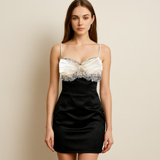 Windsor Black White Satin Ruched Beaded Formal Prom Dress Bodycon Mini party 5/6