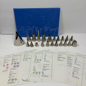 Lot Of 22 Vintage Wilton Cake Decorating Tips, Practice Board W/ 9 Sheets
