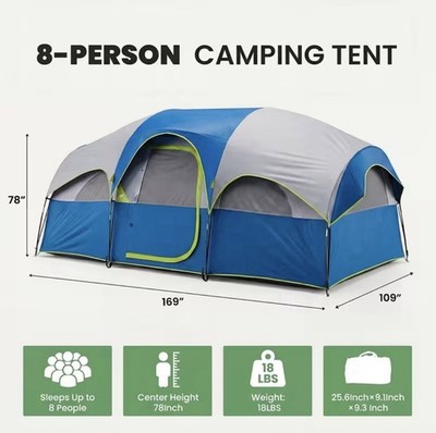 8-Person Cabin Dome Tent Blue/Green 2-Room Divider 78in H 169x109in