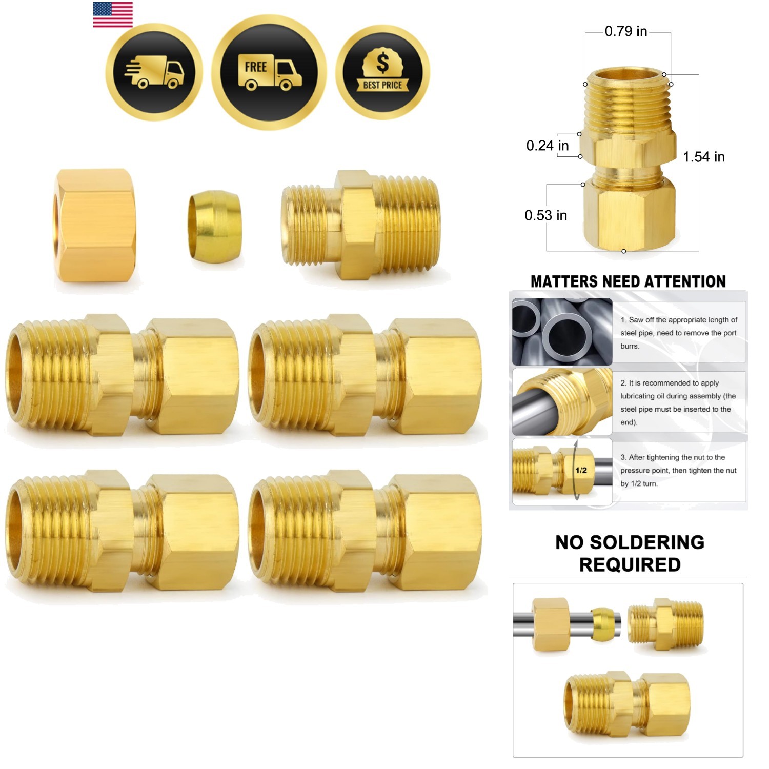 Brass Compression Tube Fitting, 1/2" OD x 1/2" NPT Male Compression Union Con...