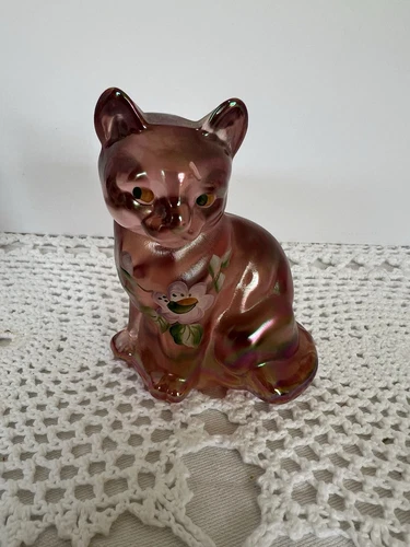 Vintage Fenton Carnival Glass Cat Figurine Label Handpainted Pink Flowers Eyes