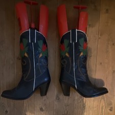 Women’s Black Leather Mid-Calf Cowboy Boots Floral Embroidered UK 4.5
