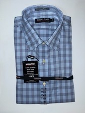 NWT Kirkland Long Sleeve Button Down Dress Shirt 17 X 35 Light Blue Checked