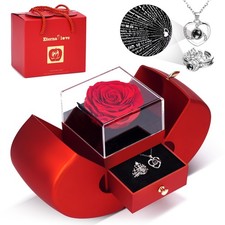 Valentines Day Gifts for Her, Preserved Real Rose Medium, Red/Necklace Ring