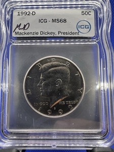 1992-D Kennedy Half Dollar 50C ICG MS68 Slabbed Cert# 4361740924