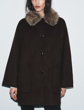 Zara Women FW25 Wool Blend Coat with Faux Fur Collar ZW Collection 8491/042 M