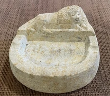 Vintage Carved Natural Sand Stone Ashtray With Perched Lion Heavy VTG