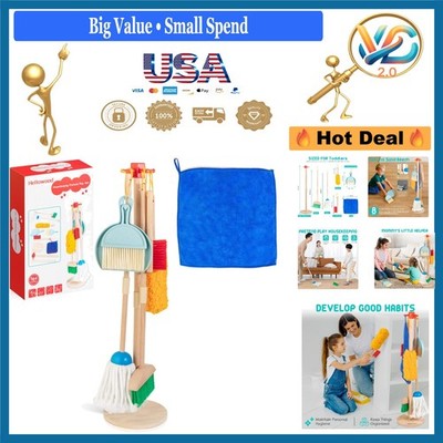 Kids Wooden Cleaning Set 8-Piece Toddler Play Broom Mop Dustpan Brushes