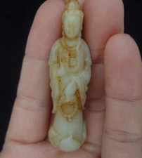 Fine Old Chinese Hand Carving "GuanYin" Buddha Statue Off-White Jade Pendant