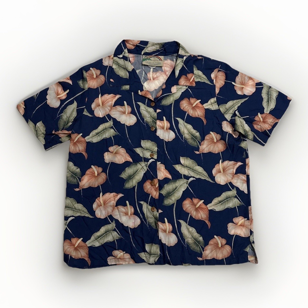 Paradise Found Hawaiian Shirt Men's L Blue Rayon Made in Hawaii USA VTG Floral