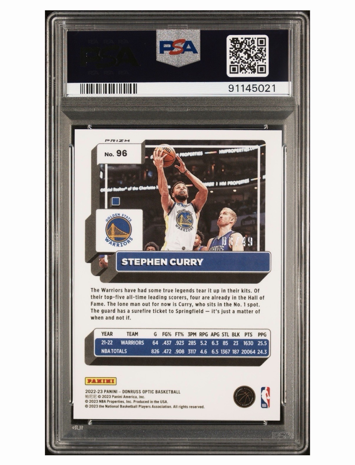 2022-23 Donruss Optic Stephen Curry #96 Blue Fast Break Prizm /49 PSA 10 03/49 view 2