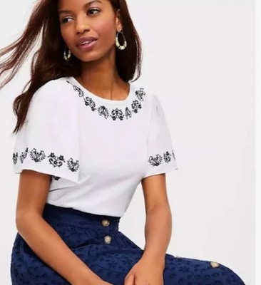 NWT Ann Taylor Loft White Embroidered Flutter Sleeve Top Sz XSP