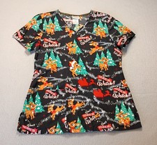 Christmas Medical Scrub Top Small Rudolph Believe Me Women's Short Sleeve V-neck