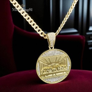 Authentic Last Supper CZ Gold Plated Pendant & 6mm 14K Stamped Cuban Chain Necklace