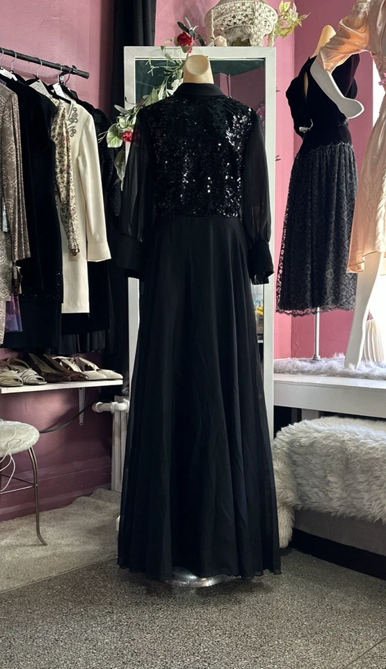 Vintage 60s 70s Formal Maxi Evening Hostess Dress Black Sequins Modest M/L - Image 2 of 4